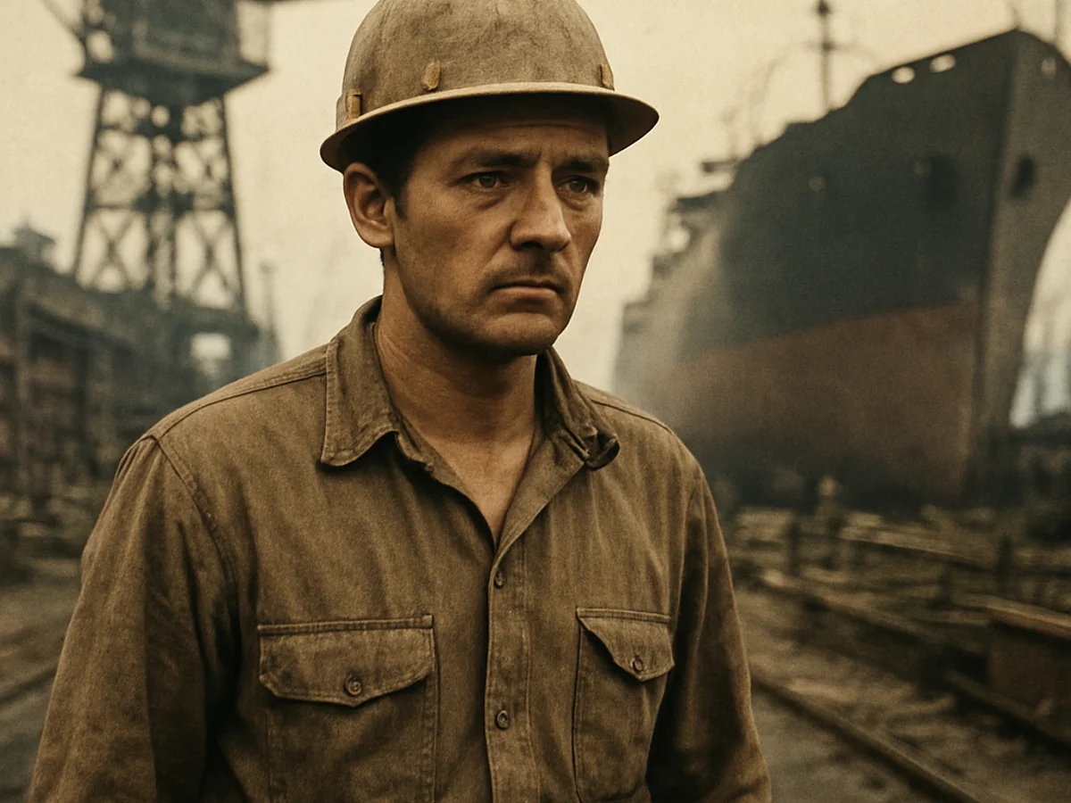 Shipyard worker in the 1970s working with asbestos-containing materials